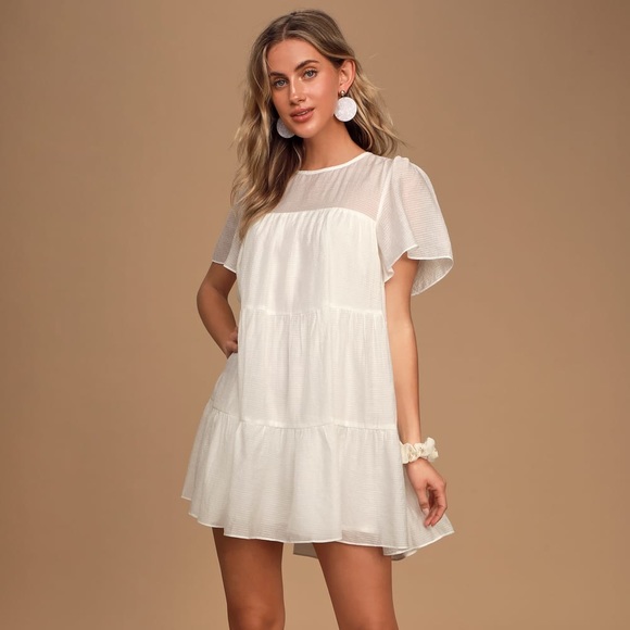 Lulus Dresses & Skirts - NWT Tier We Go White Tiered Short Sleeve Mini
Dress Baby Shower Baby Doll